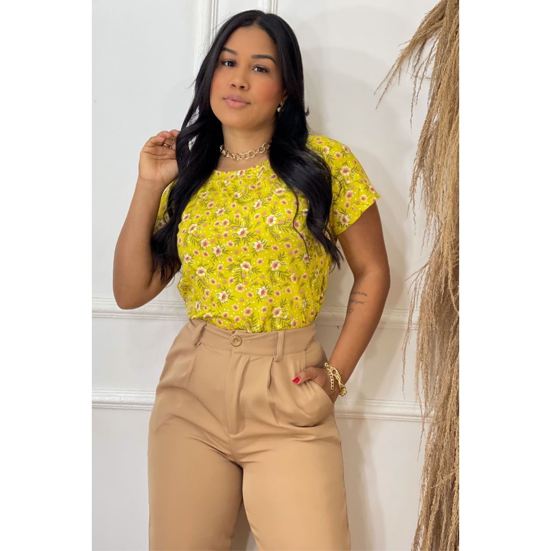 BLUSA FLORAL AMARELO - VISCOLYCRA